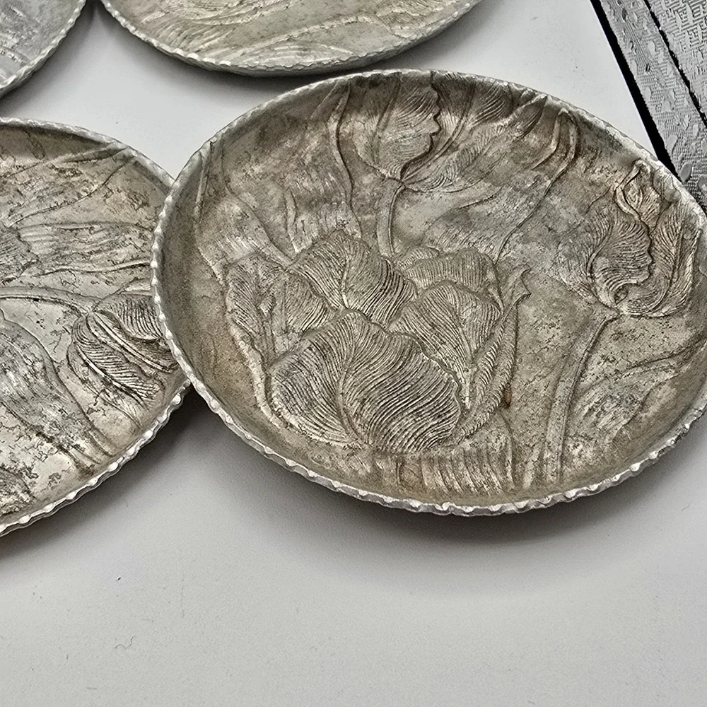 Vintage Hammered‎ Aluminum Coaster Set Tulip Floral Design 7 Pc Mcm Cottagecore